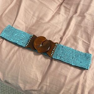 Robins egg blue beaded belt with wooden clasps